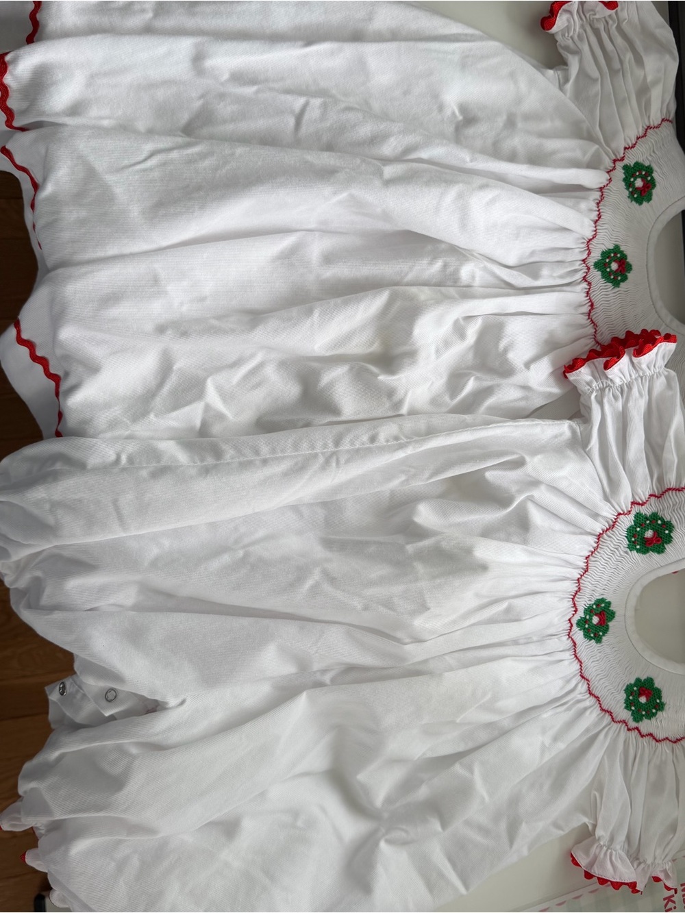 Unbranded White Toddler Matching Set with Red Trim and Green Floral Smocking